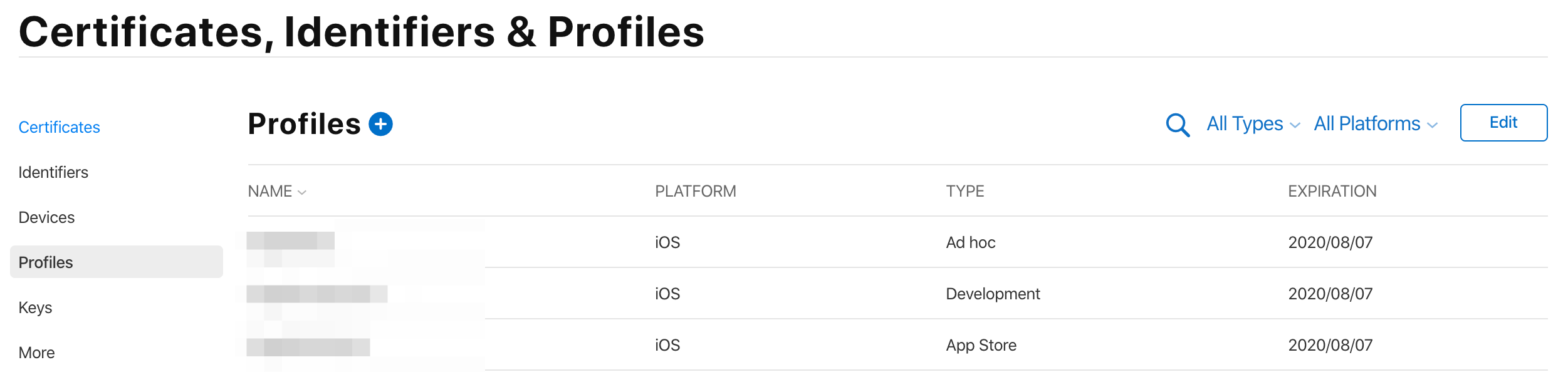 Certificates, Identifiers & Profiles